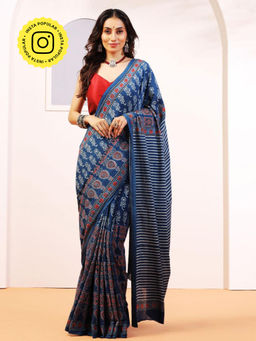 Aditri - Handprinted Ajrakh On Cotton Blue Saree With Running Blouse