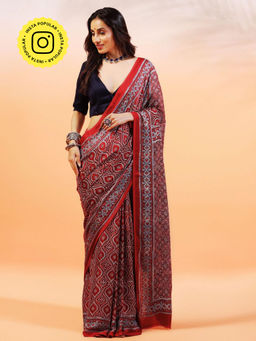 Aditri - Handprinted Ajrakh On Modal Silk Red Saree With Running Blouse