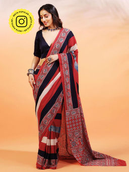 Aditri - Handprinted Ajrakh On Cotton Multi-Color Saree With Running Blouse