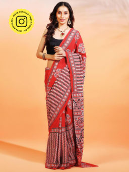Aditri - Handprinted Ajrakh On Cotton Red Saree With Running Blouse