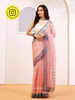 Aditri - Handloom Kota Doria Hand Block Print Multi-Color Saree With Blouse Piece