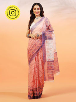 Aditri - Handloom Kota Doria Hand Block Print Orange Saree With Blouse Piece