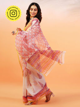 Aditri - Handloom Kota Doria Hand Block Print Multi-Color Saree With Blouse Piece