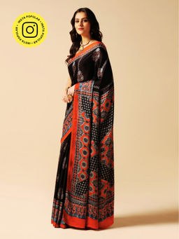 Aditri - Black Handprinted Ajrakh On Modal Silk Saree with Running Blouse