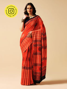 Aditri - Red Handprinted Ajrakh On Modal Silk Saree with Running Blouse
