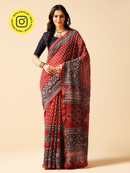 Aditri - Red Handprinted Ajrakh On Chanderi Silk Saree with Running Blouse