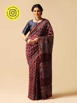 Aditri - Maroon Handprinted Ajrakh On Chanderi Silk Saree with Running Blouse