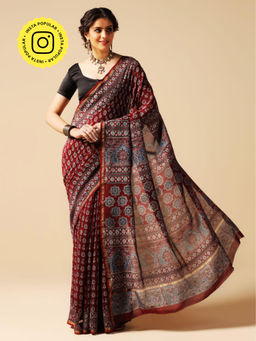 Aditri - Maroon Handprinted Ajrakh On Chanderi Silk Saree with Running Blouse