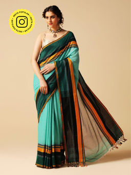 Aditri - Turquoise Handloom Khadi Cotton Saree with Running Blouse