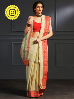 Aditri - Beige Handloom Khadi Cotton Saree with Running Blouse