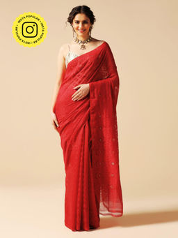 Aditri - Red Handloom Jamdani On Resham Silk Saree with Running Blouse
