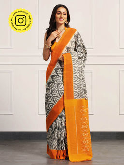 Aditri - Orange Handloom Ikat On Gas Saree with Unstitched Blouse