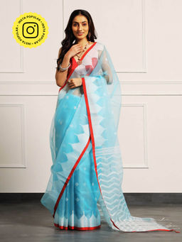Aditri - Blue Handloom Linen Saree with Unstitched Blouse