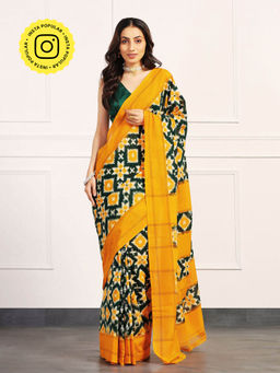 Aditri - Yellow Handloom Double Ikat Telia Rumal Saree with Unstitched Blouse