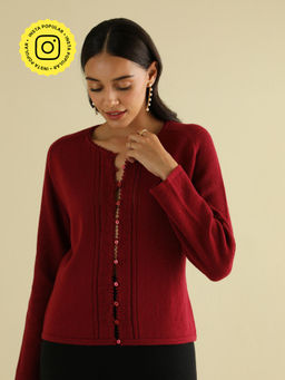 COSSET CLOTHING - Maroon Lace Knit Cardigan