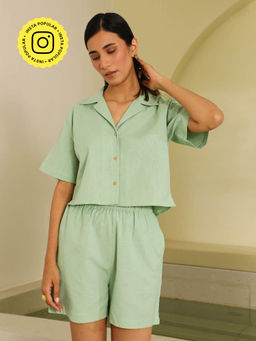 COSSET CLOTHING - Sage Green Cropped Shirt and Shorts Co-Ord (Set of 2)