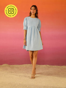 COSSET CLOTHING - Powder Blue Popsicle Linen Pleated Dress