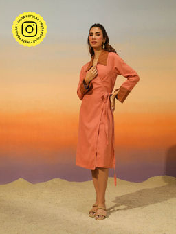 COSSET CLOTHING - Peach Salmon Kulfi Linen Dress