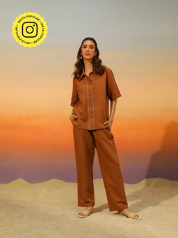 COSSET CLOTHING - Brown Cocoa Cookie Linen Co-Ord (Set of 2)