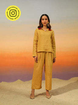 COSSET CLOTHING - Light Brown Caramel Barfi Pure Linen Co-Ord (Set of 2)