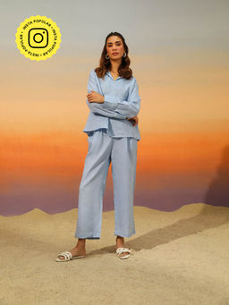 COSSET CLOTHING - Powder Blue Barfi Pure Linen Co-Ord (Set of 2)