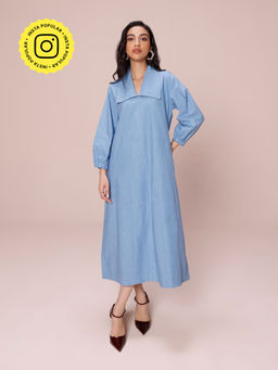 COSSET CLOTHING - Denim Blue Poplin Panelled A-Line Midi Dress