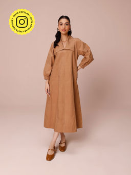 COSSET CLOTHING - Brown Mocha Poplin Panelled A-Line Midi Dress