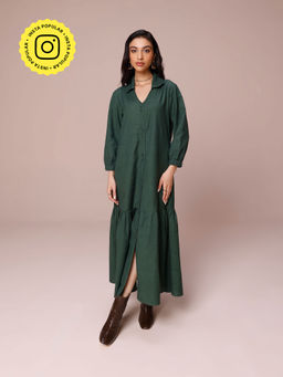 COSSET CLOTHING - Forest Green Linen Blend Maxi Tiered Dress