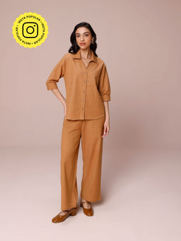 COSSET CLOTHING - Brown Mocha Linen Blend Relaxed Fit Co-Ord (Set of 2)