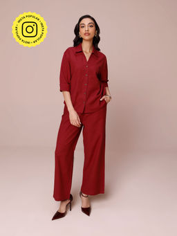 COSSET CLOTHING - Maroon Linen Blend Relaxed Fit Co-Ord (Set of 2)