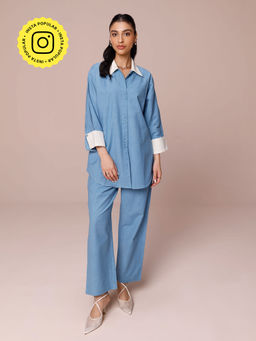 COSSET CLOTHING - Denim Blue Linen Shirt with Pant (Set of 2)