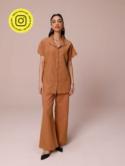 COSSET CLOTHING - Brown Mocha Linen Panelled Co-Ord (Set of 2)