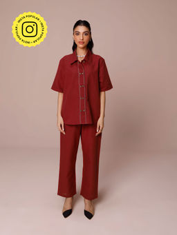 COSSET CLOTHING - Maroon Cookie Linen Shirt with Pant (Set of 2)