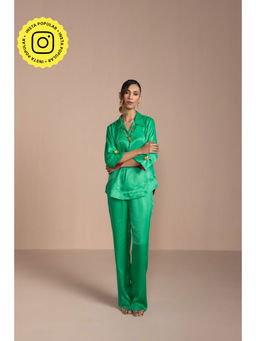 COSSET CLOTHING - Womens Satin Collar Neck Three Fourth Sleeves Green Co-Ord Set