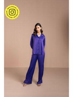 COSSET CLOTHING - Womens Satin Collar Neck Full Sleeves Blue Co-Ord Set