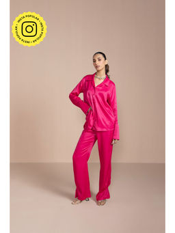 COSSET CLOTHING - Womens Satin Collar Neck Full Sleeves Pink Co-Ord Set