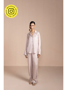 COSSET CLOTHING - Womens Satin Collar Neck Full Sleeves Taupe Co-Ord Set