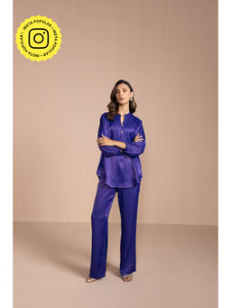 COSSET CLOTHING - Womens Satin Mandarin Neck Three Fourth Sleeves Blue Co-Ord Set
