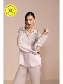 COSSET CLOTHING - Beige Button Embellished Satin Shirt