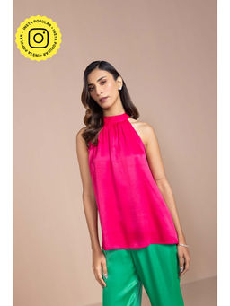 COSSET CLOTHING - Rani Pink Satin Halter Neck Top