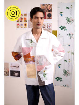 Doodlage - Men White Novelle Patchwork Shirt