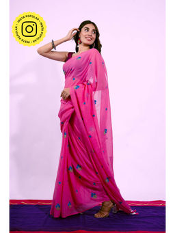 Ethnic Elements - Pink Soft Mul Cotton Embroidered Saree