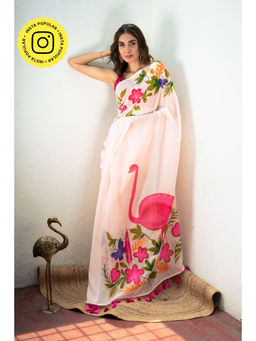 Ethnic Elements - Gulabi Rajhans Chitramay Handpainted Mul Cotton Saree Without Blouse