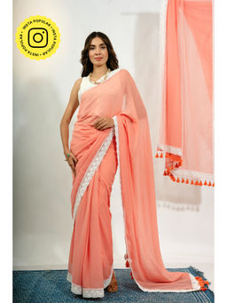 Ethnic Elements - Soft Peach Mul Cotton Saree With Crochet Border