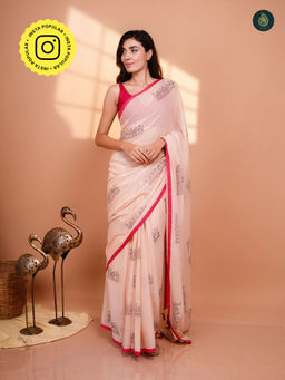 Ethnic Elements - Peach Chidiya Handblock Printed Mul Cotton Saree