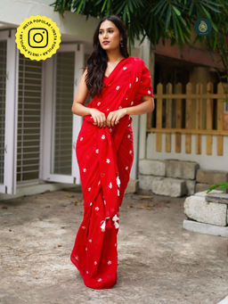 Ethnic Elements - Crimson Red Mul Cotton Embroidered Saree