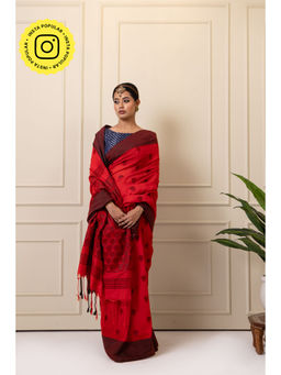 Ethnic Elements - Berry Red Jacquard Jamdani Cotton Saree
