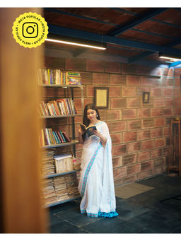 Ethnic Elements - Powder Blue Embroidered Cotton Saree
