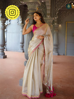 Ethnic Elements - Pearl White Mul Cotton Tissue Saree