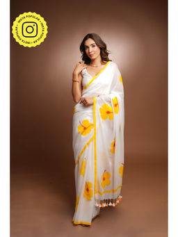 Ethnic Elements - Pure White Hand Painted Cotton Saree